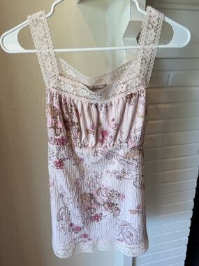 Vintage Y2K Younique Cream and Pink Floral Lace-Trim Chemise Size Medium Boho